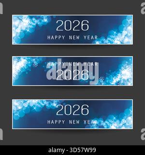 Set di scintillanti e scintillanti festività natalizie orizzontali blu scuro, intestazioni di buon anno o banner per Web, modello di progettazione vettoriale - 2026 Illustrazione Vettoriale