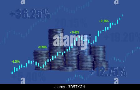Grafico del mercato azionario in aumento, monete in euro impilate sullo sfondo, di colore blu. Grafico del mercato azionario in aumento, monete in euro impilate sullo sfondo, di colore blu. Mercato finanziario, affari, commercio, rischio, successo. Business COL8 stock market euro Coins 1099752 Foto Stock