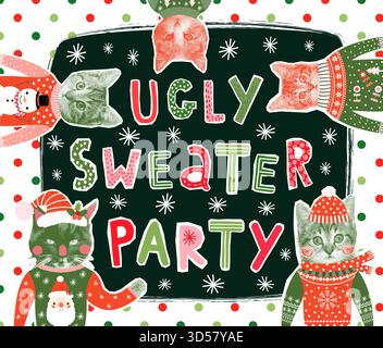 Simpatici e divertenti gatti Hipster in stile collage con maglioni natalizi e divertenti lettere disegnate a mano per poster, banner e Invitat Illustrazione Vettoriale