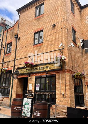 Un affascinante pub in mattoni a Hull, Inghilterra, caratterizzato da cesti di fiori appesi, insegne vintage e una calda e tradizionale atmosfera. L'edificio è rustico Foto Stock