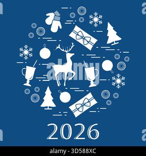 Illustrazione della silhouette a tema natalizio con renne, alberi, regali e vettoriale dei fiocchi di neve Illustrazione Vettoriale