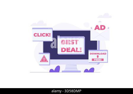 Attacco di adware, spam, concetto di pubblicità su Internet. Illustrazione vettoriale Illustrazione Vettoriale