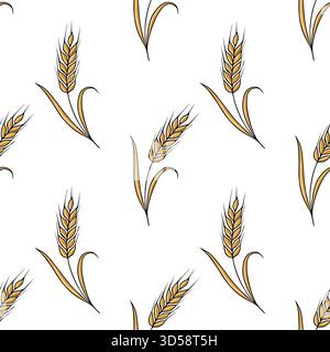 Motivo vettoriale senza cuciture di orecchie di grano dorato con gambi e foglie delicati, realizzato in uno stile pulito e illustrativo su sfondo bianco. Illustrazione Vettoriale