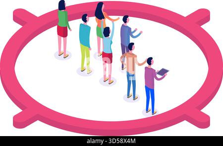 Target del pubblico, concetto di attrazione del cliente. Illustrazione del vettore isometrico. Illustrazione Vettoriale