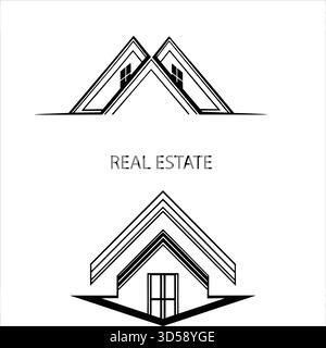 Logo immobiliare monocromatico dal design minimalista, caratterizzato da un profilo moderno e pulito, linee geometriche bilanciate e un elegante marchio professionale Illustrazione Vettoriale