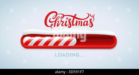 Barra di carico con conto alla rovescia natalizia con avanzamento a strisce di caramelle rosse e neve soffice sulla parte superiore. Natale caricando il testo in stile natalizio per i banner natalizi Illustrazione Vettoriale