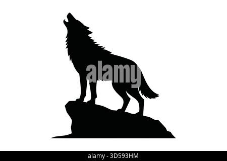 La silhouette nera di un lupo si erge su una superficie rocciosa, la testa inclinata all'indietro e la bocca aperta in un ulululato. Illustrazione Vettoriale