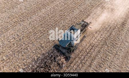 14.11.2025, Neukirchen an der Enknach, AUT, Unterwegs in Oberösterreich, Symbolbild, Themenbild, Verschiedene Themenbilder, Mais, Ernte, Mähdrescher, im Bild Das Bild zeigt eine Vogelperspektive auf eine landwirtschaftliche Szene während der Maisernte. In der Mitte des Bildes ist eine Erntemaschine zu sehen, die durch ein Feld mit vertrockneten Maispflanzen fährt. Die Maschine ist mit einer großen Ladefläche ausgestattet, Die zum Sammeln der Ernte dient. Um die Maschine herum sind die Reihen der Maispflanzen deutlich sichtbar, die bereits geerntet wurden. Der Boden ist staubig, era darauf hind Foto Stock