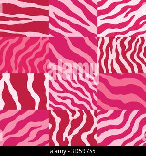 Motivo a scacchi senza cuciture in pelle color zebra rosa. Sfondo dell'illustrazione vettoriale della stampa animale. Illustrazione del design della pelliccia di animali selvatici per Web, home de Illustrazione Vettoriale