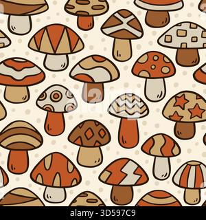 Simpatico motivo a forma di doodle a funghi senza cuciture. Illustrazione vettoriale sfondo piatto. Illustrazione Vettoriale