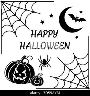 "Buon Halloween", vettore di auguri con silhouette a rete di zucca, pipistrello e ragno in uno stile minimal e piatto. Ideale per stampe di Halloween, post sociali e vigilia Illustrazione Vettoriale