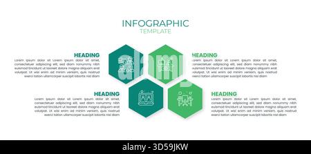 Infografica aziendale moderna con icone esagonali e sezioni di testo, modello creativo per la visualizzazione dei dati, il flusso di lavoro e la presentazione Illustrazione Vettoriale