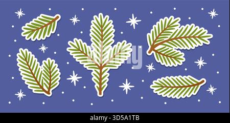 set di adesivi rami di abete rosso con piccoli elementi di neve. Illustrazione vettoriale isolata in stile piatto, disegnata a mano, ideale per scrapbooking natalizi, adesivi, web design stagionale e artigianato invernale. Illustrazione Vettoriale