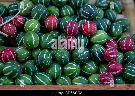 Una raccolta di piccoli frutti rotondi, prevalentemente verdi con strisce bianche, mescolati con alcuni che sono rossi con strisce bianche. Foto Stock