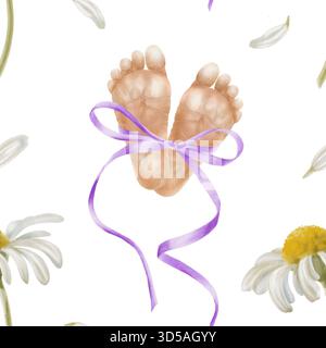 Piedini prematuri legati con fiocco di seta viola e fiori di camomilla. Illustrazione simbolica ad acquerello per la consapevolezza neonatale, World Prematurity Foto Stock
