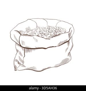Sacco di caffè in burlap con chicchi di caffè in illustrazione vettoriale in bianco e nero. Illustrazione minimalista, semplice, disegnata a mano, perfetta per il confezionamento Illustrazione Vettoriale