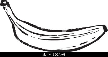 Banana matura su sfondo bianco, silhouette curva e lineart accattivante che catturano l'atmosfera di uno spuntino tropicale ideale per il branding del cibo, illustrazione vettoriale in bianco e nero disegnata a mano in stile line art. Illustrazione Vettoriale