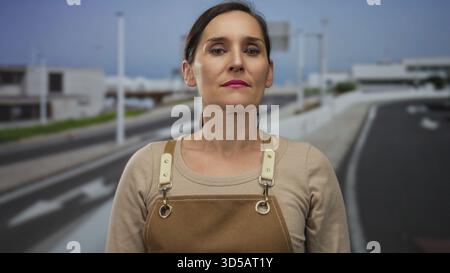 Giovane donna ispanica che indossa un grembiule con braccia incrociate e un'espressione seria su un'autostrada deserta; rifiuto negato. Foto Stock