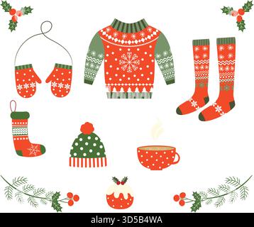 Set vettoriale con caldi abiti invernali nei colori rosso e verde per biglietti d'auguri e disegni natalizi Illustrazione Vettoriale
