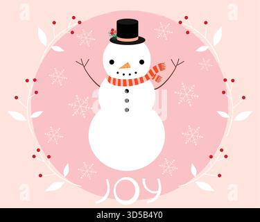 Biglietto d'auguri vettoriale per Natale e Capodanno, illustrazione delle festività invernali con pupazzo di neve, sfondo rosa, corona bianca e fiocchi di neve Illustrazione Vettoriale