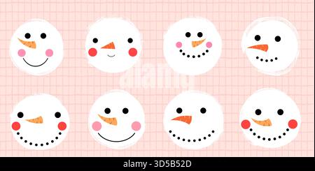 Simpatici pupazzi di neve vettoriali affrontano illustrazioni, divertenti palle di neve testurizzate con bocche e occhi Illustrazione Vettoriale