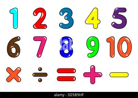 Imparare a riconoscere i numeri. Guida educativa per principianti per gli studenti della prima infanzia. Illustrazione Vettoriale