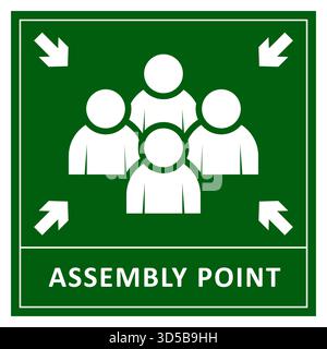 Illustrazione del cartello del punto di montaggio di emergenza. Design dei simboli dell'area riunioni per l'evacuazione di sicurezza. Illustrazione Vettoriale