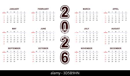 Modello di calendario mensile dell'anno 2026. Progettazione vettoriale Illustrazione Vettoriale