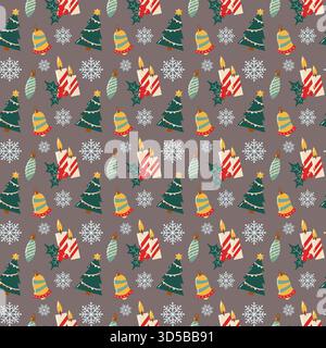 Motivo senza cuciture con alberi di Natale, candele, ornamenti e fiocchi di neve. Accogliente sfondo stagionale vettoriale. Illustrazione Vettoriale