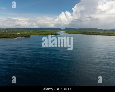 Vista aerea dell'ampio fiume scorre attraverso la fitta foresta nell'oceano aperto sotto un cielo luminoso. Siargao, Filippine. Foto Stock