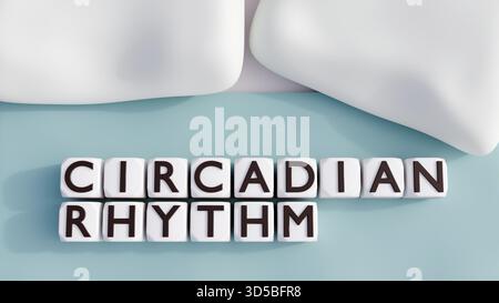 Rendering 3D del "RITMO CIRCADIANO" su riquadri sopra una configurazione del letto. Foto Stock