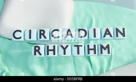 Rendering 3D del "RITMO CIRCADIANO" su riquadri sopra una configurazione del letto. Foto Stock