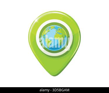 Puntatore di posizione verde con mappa della Terra all'interno per le destinazioni globali Illustrazione Vettoriale