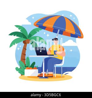 Uomo che lavora in remoto sulla spiaggia con un computer portatile e un caffè Illustrazione Vettoriale