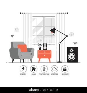 Illustrazione del concetto di Smart Home Technology Design degli interni con dispositivi connessi Illustrazione Vettoriale