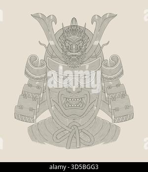 Casco Samurai giapponese tradizionale, illustrazione vettoriale in stile incisione vintage Illustrazione Vettoriale