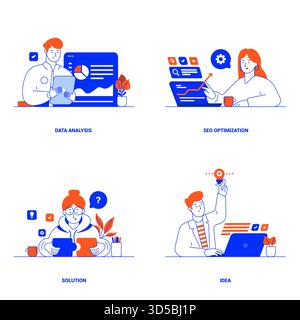 Concetti moderni di analisi dei dati, ottimizzazione SEO, soluzione e idea. Può essere utilizzato per progetto Web , applicazioni, infografiche e Illustrazione Vettoriale