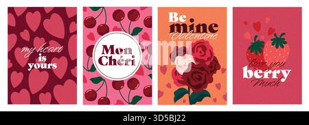 Set di carte creative per il buon San Valentino. Moderno design astratto con cuori, rose, ciliegio e fragole. Modelli per festeggiamenti, annunci pubblicitari, brandin Illustrazione Vettoriale