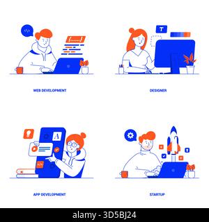 Concetti moderni di sviluppo Web, Designer, sviluppo di app e avvio. Può essere utilizzato per progetto Web , applicazioni, infografica Illustrazione Vettoriale