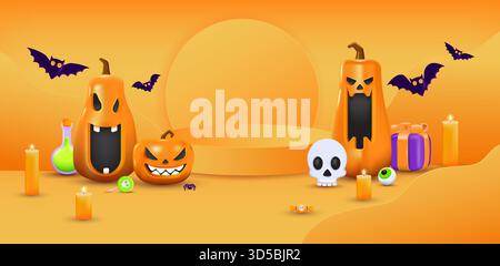 Espositore del prodotto a tema arancione Halloween podio su sfondo grafico cartaceo con gruppo di illustrazioni 3D zucca Jack o Lantern e candela. VECTO Illustrazione Vettoriale