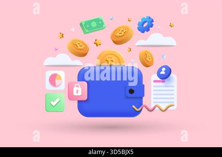 Portafoglio bitcoin blu con monete e contanti isolati su sfondo rosa. Negozio online, finanza, banche, risparmio di denaro, concetto di società senza contanti. 3d vector il (il vettore 3d) Illustrazione Vettoriale