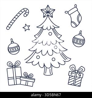 Carino set di icone Christmas Line-Art con albero, campane, canna di caramelle, ornamenti e scatole regalo - Collezione moderna per le feste Illustrazione Vettoriale