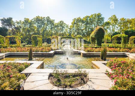 Rosaleda, il roseto situato nel Parco del Retiro a Madrid, Spagna Foto Stock