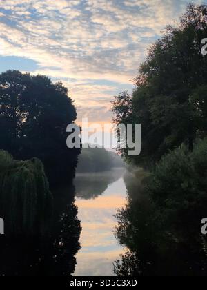 Luce soffusa dell'alba che si riflette su un canale calmo incorniciato da alti alberi e nebbia mattutina Foto Stock