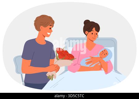 La donna che ha partorito si trova nel letto d'ospedale, mostrando il bambino al padre felice con i fiori Illustrazione Vettoriale
