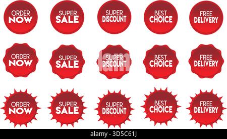 Set di distintivi di vendita rossi: Ordina subito, Super vendita, Super sconto, scelta migliore, etichette di consegna gratuite Illustrazione Vettoriale