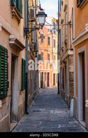 Strada pittoresca con pavimento acciottolato e case antiche colorate nella città costiera di Pirano, Slovenia. Foto Stock