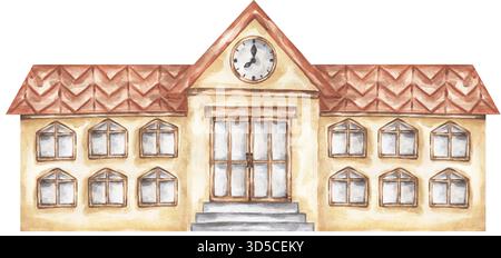 Illustrazione di un edificio scolastico dipinto a mano ad acquerello, clipart della casa cittadina, icona dell'amministrazione, clip art della residenza grafica Foto Stock