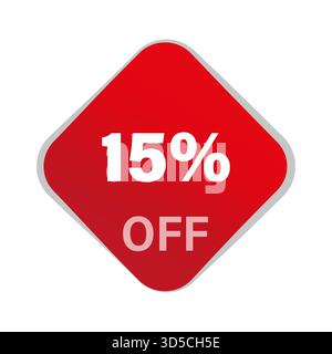 Vettore dell'offerta di sconti. Riduzione del quindici percento. 15% di risparmio. Pulsante quadrato rosso. EPS 10. Illustrazione Vettoriale