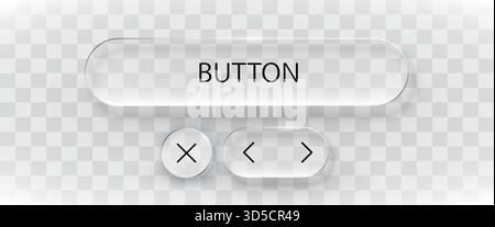 Set di pulsanti dell'interfaccia utente in vetro moderno per interfacce Web e app eleganti, con elementi 3D trasparenti. Illustrazione vettoriale Illustrazione Vettoriale